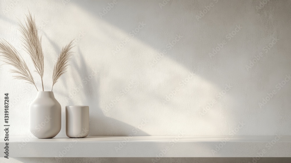 Poster a shelf with two white vases and a potted plant. the vases are empty and the plant is a small fern. 