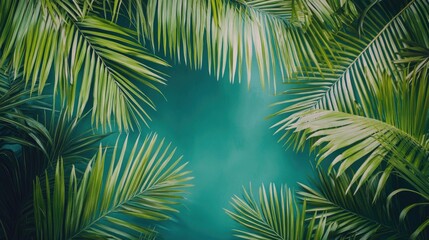 Fototapeta premium A vibrant tropical forest with dense palm trees and a lush canopy, representing an exotic natural landscape.