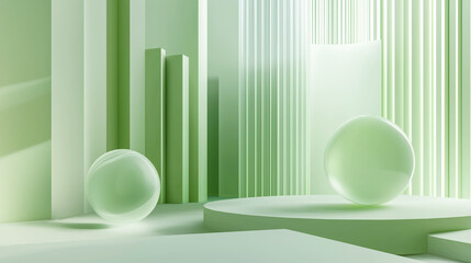 a minimalist, abstract scene with two large, translucent spheres placed among tall, rectangular columns and vertical lines, all in shades of light green.