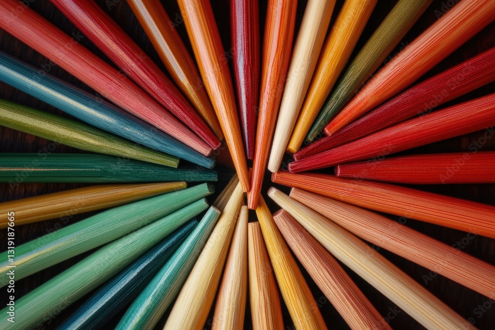 Poster a vibrant array of colorful wooden sticks arranged in a radial pattern, showcasing a spectrum of hue