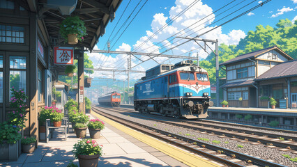anime wallpaper illustration background, Charming Rural Train Station with a Vintage Train on a Sunny Day.