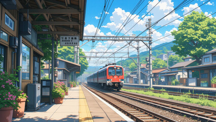 anime wallpaper illustration background, Charming Rural Train Station with a Vintage Train on a Sunny Day.