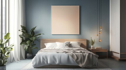 a bedroom with a bed, a plant and a picture on the wall