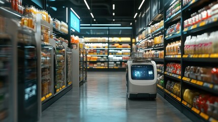 Futuristic grocery store robot aisle shopping