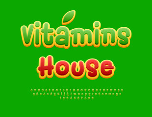 Naklejka premium Vector Eco concept Vitamins House. Handwritten Green Font. Funny Alphabet Letters and Numbers set.