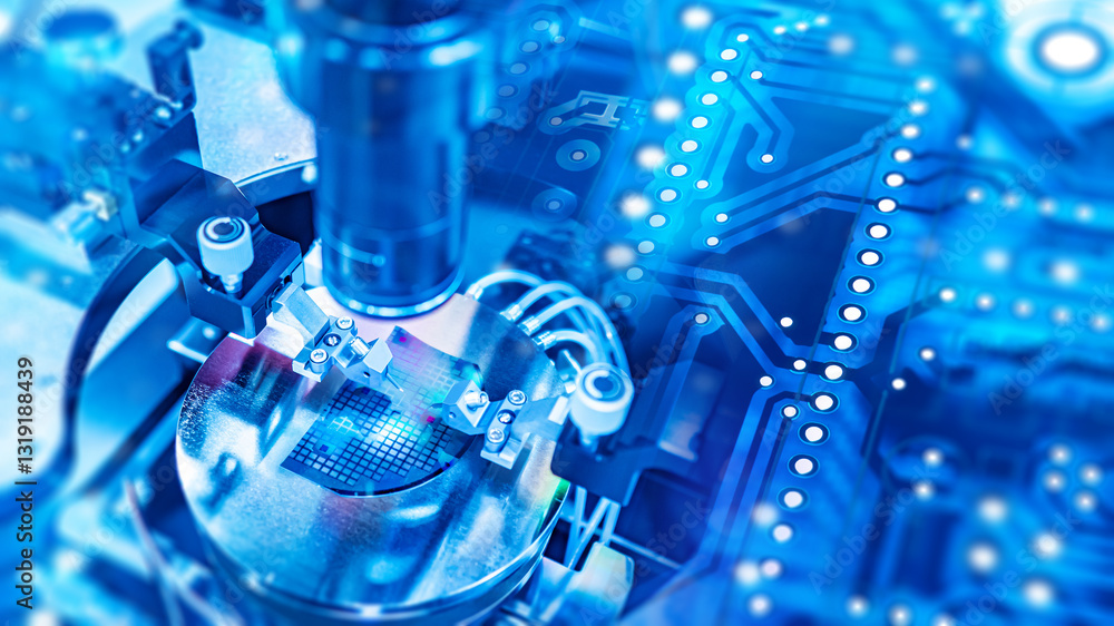 Poster robot creates microprocessor. industrial equipment for creating microboards. pcb soldering machine. 