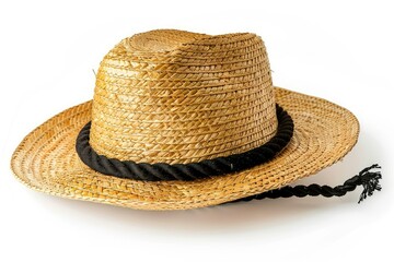 Clear Pixel Picture of Vintage Straw Hat with Black Rope Isolated on White Background