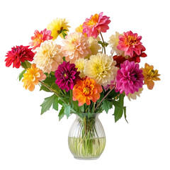 Colorful Dahlia Bouquet in Clear Glass Vase Transparent PNG Background