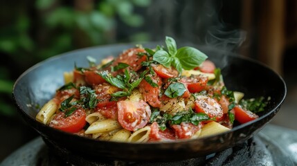 A steaming bowl of pasta topped with ripe tomatoes, fresh basil, and a rich sauce, creating a comforting and inviting culinary experience on a warm backdrop.