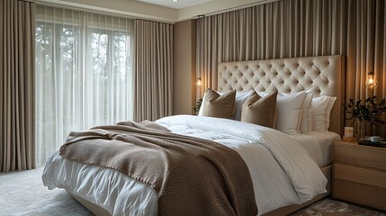 Elegant Modern Bedroom Interior with Cozy Textures and Soft Natural Light Streaming Through Drapes