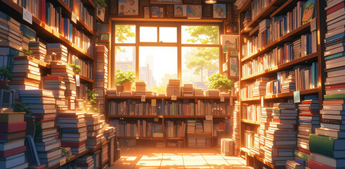 anime wallpaper illustration background, Cozy Sunlit Bookstore with Stacked Books and Large Windows..