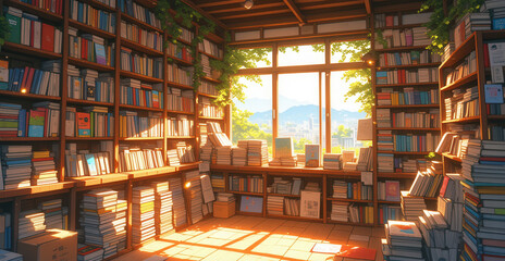 anime wallpaper illustration background, Cozy Sunlit Bookstore with Stacked Books and Large Windows..