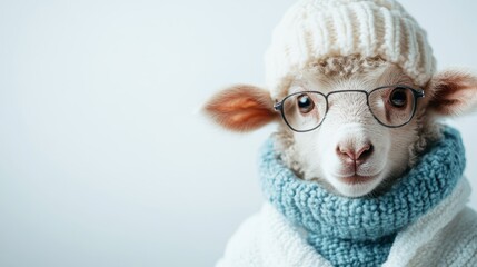 This charming image features a sheep donned in a cozy winter hat and glasses, exuding an adorable yet intelligent vibe perfect for seasonal themes.