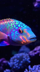 Fototapeta premium Vibrant Rainbow Fish Swims In Dark Ocean