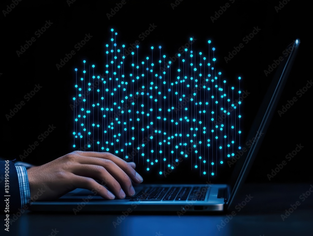 Poster a person typing on a laptop with a digital data visualization emerging above