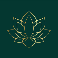 Simple lotus flower line drawing gold on green background. Lotus Blossom Symbol Icon. Logo. Vector illustration concept of Abstract Lotus flower