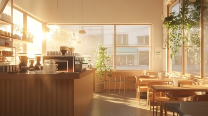 Sunny cafe interior, morning light, customers, empty tables, perfect for a coffee break