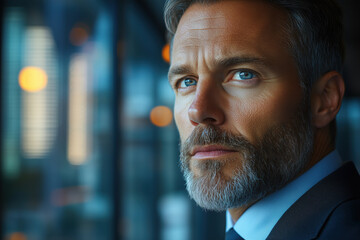 Fototapeta premium A confident businessman looking out over the city skyline