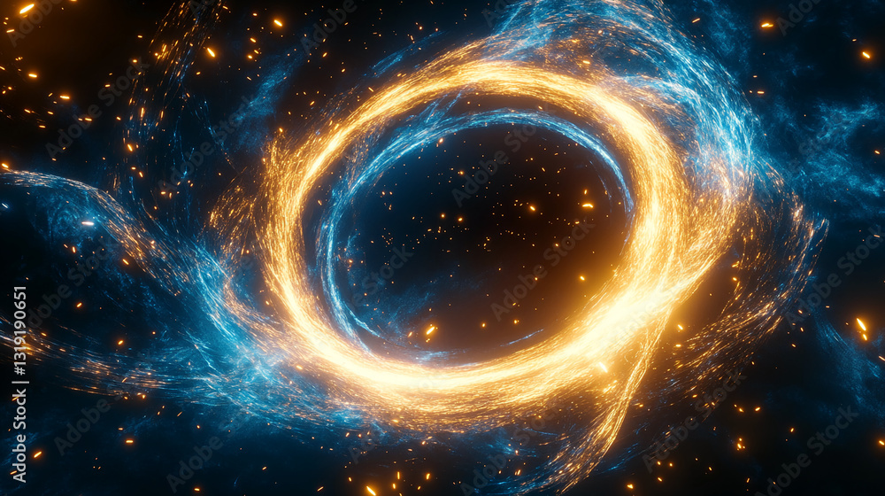 Poster abstract image of swirling blue and orange energy, forming a circular shape with a dark center, show
