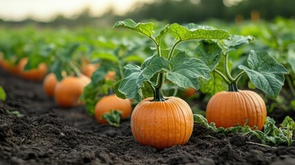 Pumpkins growing in a field
