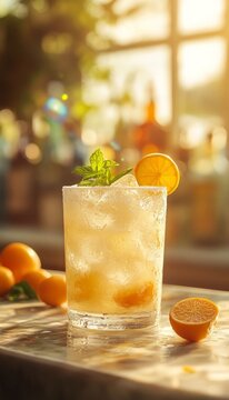 kumquat margarita cocktail in a glass at a bar on the beach