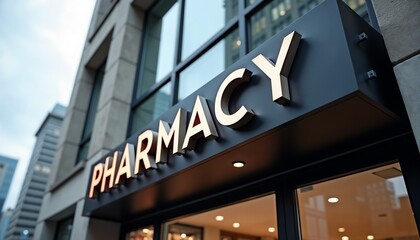 Pharmacy sign on modern building facade in urban setting with evening light