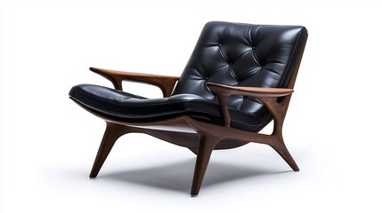 Mid-century modern black leather armchair on wooden frame.