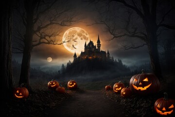 Mystical dark castle and forest halloween background