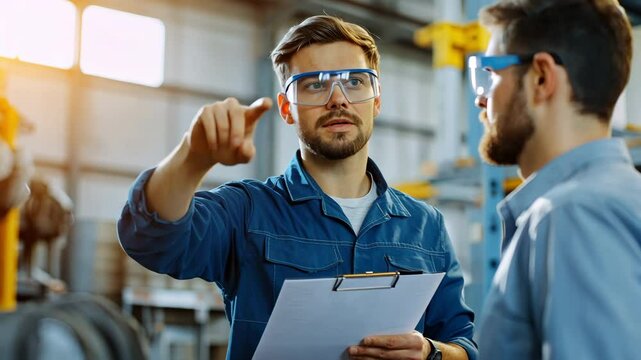 Two men in protective eyewear discussing industrial safety procedures, emphasizing teamwork, communication, and effective work protocols in factory setting.