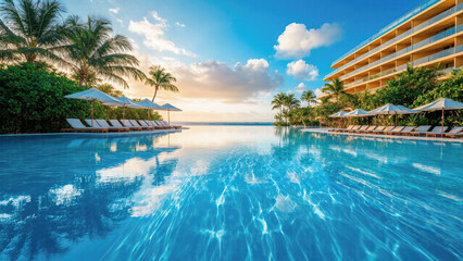 Fototapeta premium A luxurious beachfront hotel with an infinity pool, surrounded by palm trees and sun loungers, offers a perfect tropical getaway.
