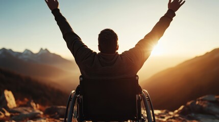 A captivating image of a disabled man in a wheelchair, embracing the beauty of nature at sunset, empowering viewers with a sense of determination and spirit in overcoming challenges.