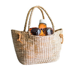 Beige Straw Tote Bag with Sunglasses and Bottle Transparent PNG Background