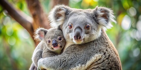 Fototapeta premium A mother koala tenderly embraces her joey, a heartwarming display of maternal affection in a lush, green arboreal habitat.