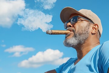 A striking portrait of a man exhaling cigar smoke against a peaceful sky with clouds.