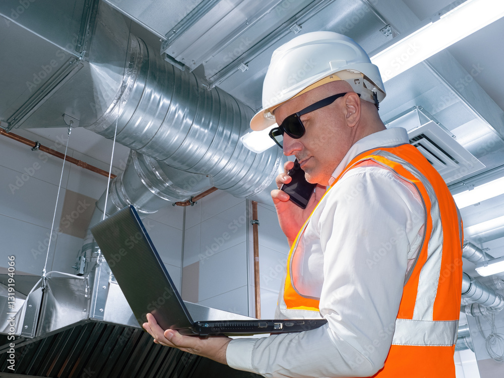Aufkleber man controls operation of ventilation equipment. engineer with laptop talks on phone. ventilation pi
