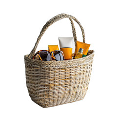 Tan Woven Beach Basket with Summer Essentials Transparent PNG Background