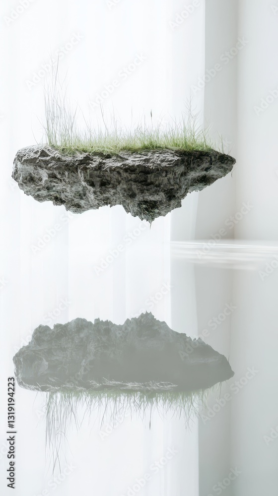 Poster floating rock with grass reflection in minimalist artistic setting