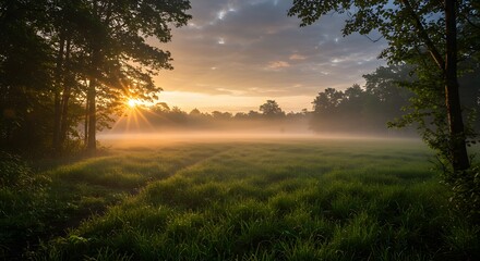 Fototapeta premium Morning fog blankets a serene field as sunlight breaks through trees in a tranquil landscape at dawn Generative AI