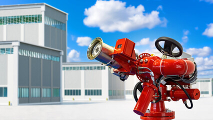 Fire hydrant near industrial buildings. Equipment for combating flames near warehouses. Fire...