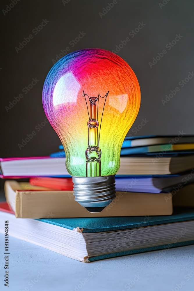 Poster a colorful light bulb is placed on top of a stack of books. the light bulb is surrounded by books of