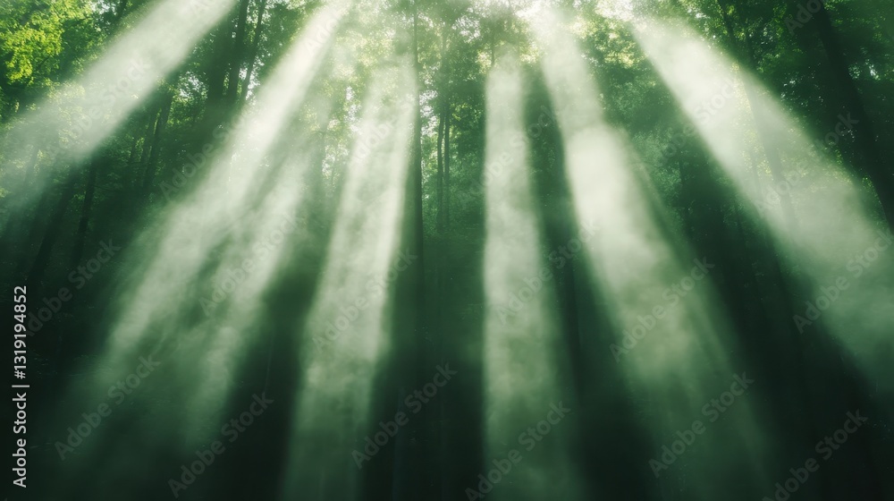 Aufkleber a mesmerizing scene of light rays piercing through a dense forest, creating an ethereal ambiance tha
