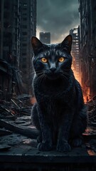 Obraz premium Black cat sitting in post apocalyptic city