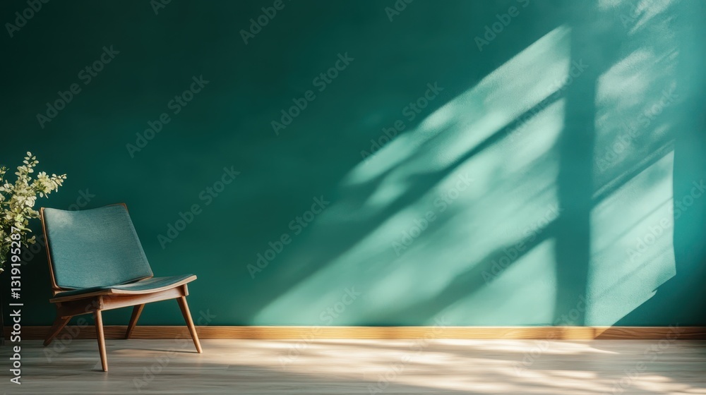 Poster a minimalist design showcasing a stylish chair bathed in soft sunlight, enhanced by shadow patterns,