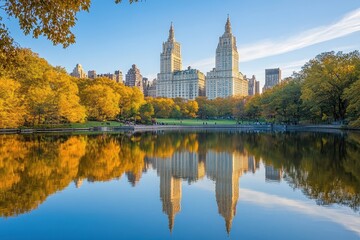 Naklejka premium Majestic san remo reflecting on the calm waters of central park during fall season
