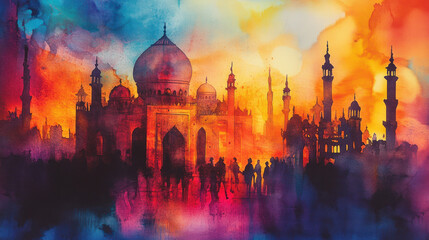 A vibrant watercolor painting depicting a majestic historical monument at sunset, surrounded by silhouettes of people, set against a colorful sky