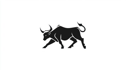 Black bull silhouette, charging forward, white background, logo design