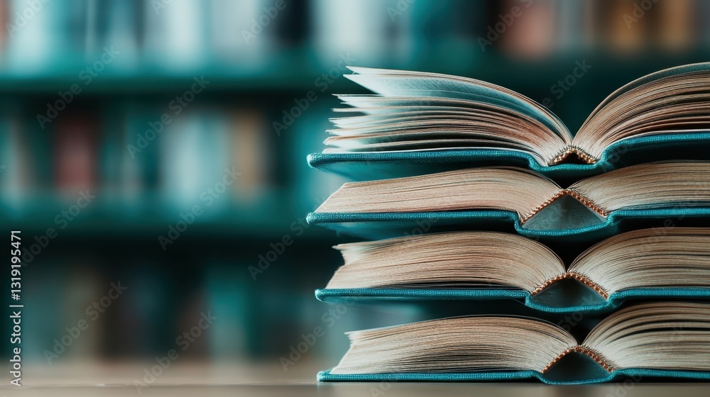 Poster a close-up view of stacked books with vibrant colors and textures, evoking a sense of curiosity and 