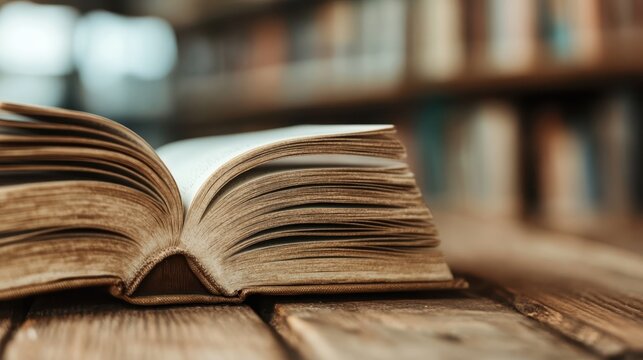 An open book rests on a rustic wooden table, capturing the essence of knowledge, study, and the passion for reading amidst a library backdrop filled with books.