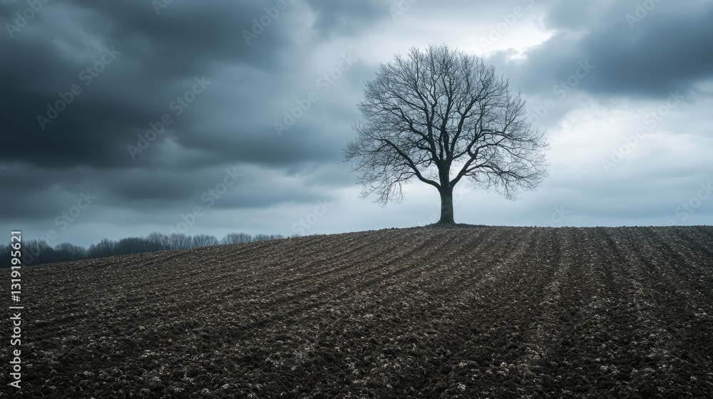 Aufkleber a lone tree stands stark against the backdrop of a desolate field under a stormy sky. the image capt