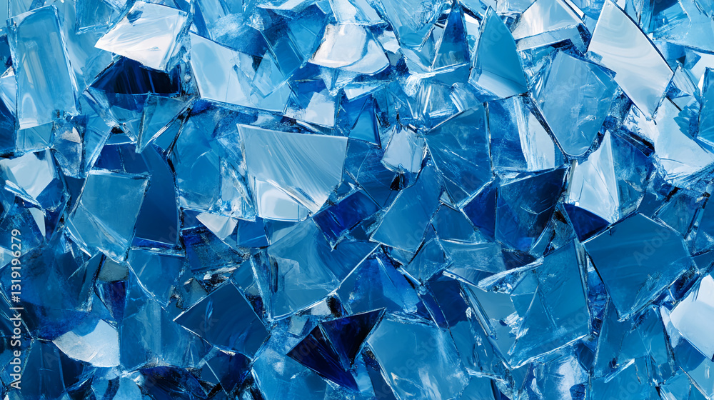 Poster close-up of shattered blue glass pieces, creating a sharp, fragmented texture symbolizing coldness, 